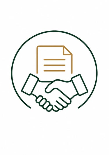 Business handshake icon with a document symbol representing a signed legal contract or partnership agreement.