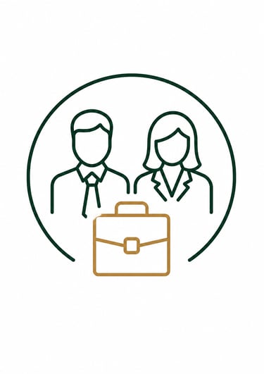 Line art icon of a businessman and businesswoman behind a gold briefcase representing professional careers.
