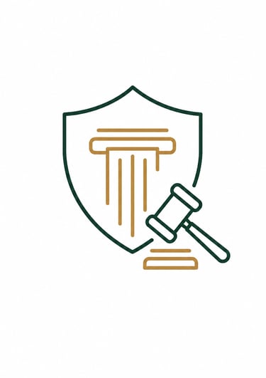 Minimalist legal icon featuring a judge gavel, shield, and greek column symbolizing law and justice.