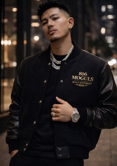 A stylish man wearing a 816 Moguls black varsity jacket with leather sleeves and silver jewelry.