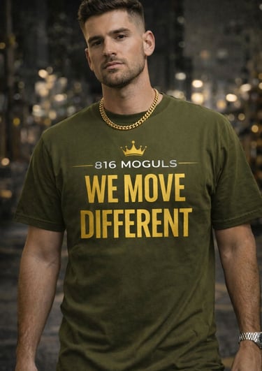 A man wearing an olive green 816 Moguls graphic t-shirt and a gold chain necklace.