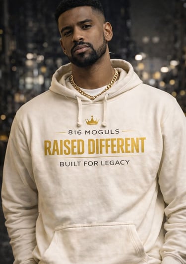 A man wearing a cream hoodie with Raised Different branding and a gold Cuban link chain.