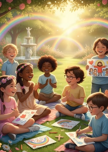 a group of children sitting on a blanket in a garden