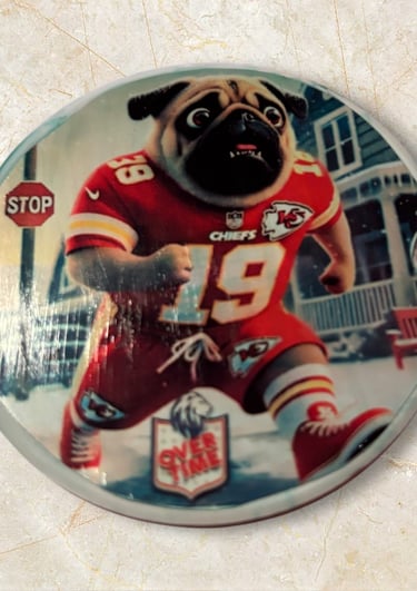 a pug dog in a football uniform on a plate