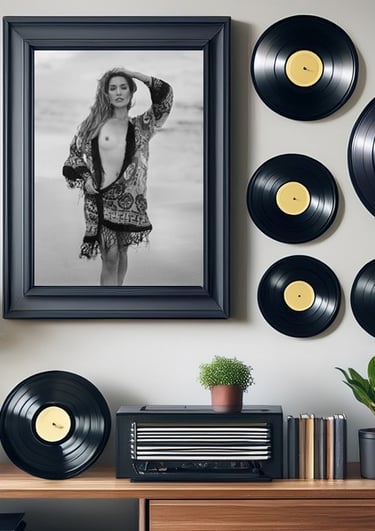 Framed image over the shelf with vinyl records