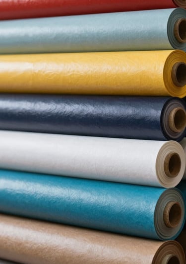 A vibrant display of colorful advertising materials including vinyl rolls, banners, and plotter paper arranged neatly on a bright orange background.