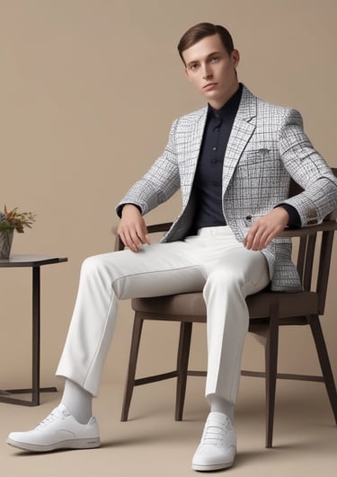 A stylish young man wearing a crisp white shirt and trendy denim jeans, walking confidently in an urban setting.