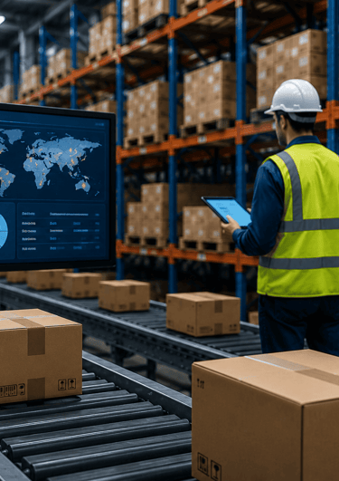 Industrial warehousing automation with conveyors and racks