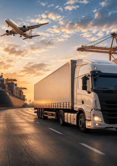 Sea, Air and Road logistics in a single image on a evening with sunset
