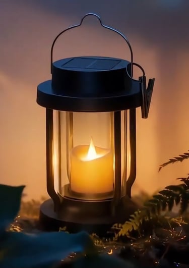glowing candle-like lantern in outdoor space