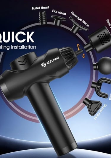 portable massage gun with adjustable speeds and attachments for targeted muscle tension.