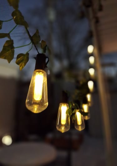 Warm outdoor string lights hanging with green ivy vines on a patio at dusk.