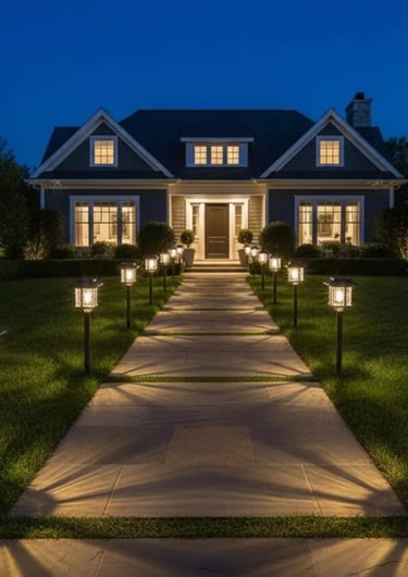 solar glowing pathway lights lining the pathway to a house.