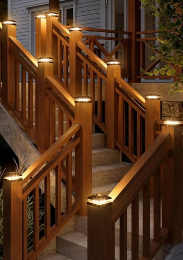 Illuminated wooden deck stairs featuring solar post cap lights for outdoor safety and garden ambiance.