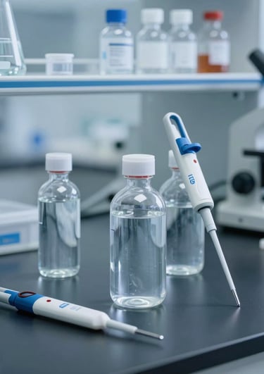 Sterile vials of bacteriostatic water lined up on a dark lab bench under soft lighting.