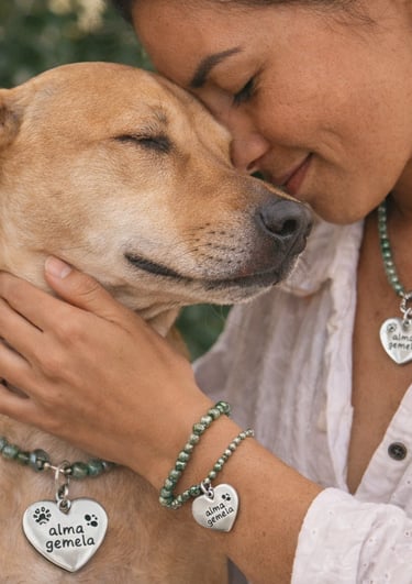 Mujer y su perro llevan joyas a juego de Alma Gemela colgantes de plata en forma de corazón