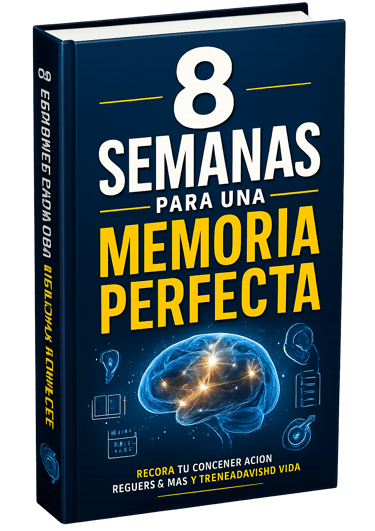 Hardcover book titled 8 Semanas para una Memoria Perfecta featuring a glowing brain illustration.
