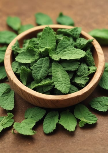 Freshly dehydrated mint leaves scattered on a beige cloth, showcasing their vibrant green color.