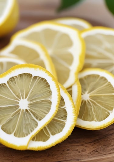 Close-up of vibrant dried lemon slices arranged on a white surface highlighting their crisp texture.