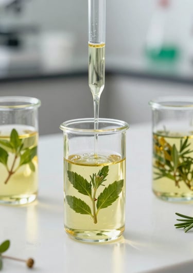 Close-up of a glass bottle filled with golden herbal hair oil surrounded by fresh green leaves on a cream background.