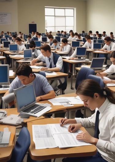 A focused student sitting at a desk with textbooks and a laptop, preparing for an English language exam.