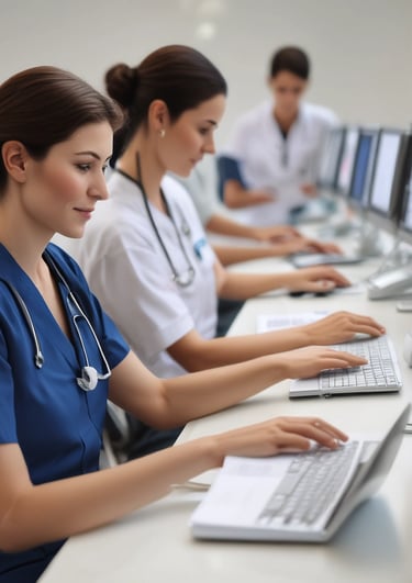 A nurse practicing clinical skills in a simulation room for OSCE and NCLEX preparation.