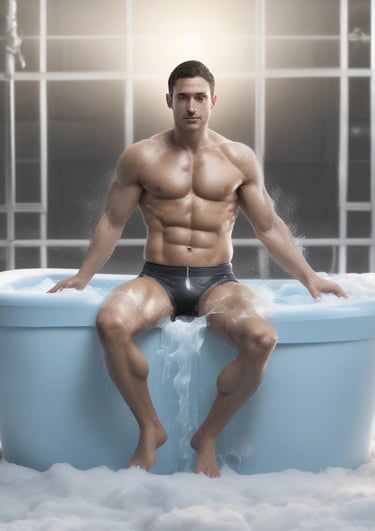 A person is submerged in a tub filled with ice, wearing a black swimsuit. The scene is set outdoors near a garage, with power lines visible in the background.