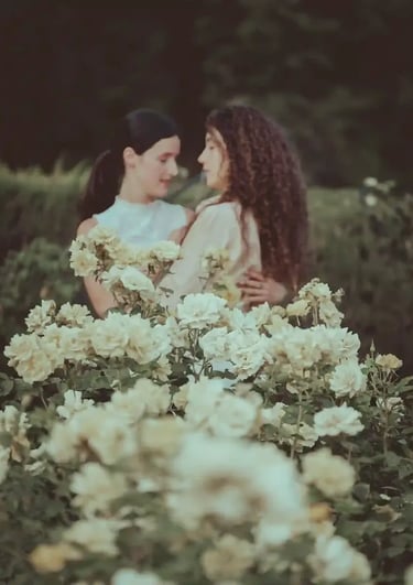 "Pareja lesbiana con flores de rosa blanca, celebrando su compromiso en una boda gay."