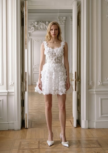 A model wears a white floral applique cocktail dress with pearl heels in a luxury room.
