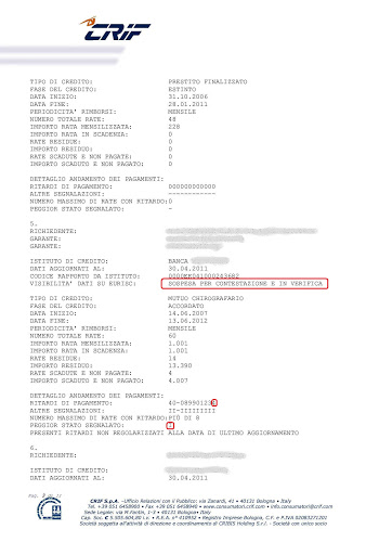 Italian CRIF credit report document showing loan status details and payment history.