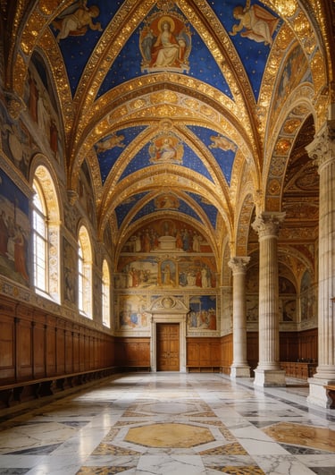 Ornate Italian cathedral interior with gold-leaf vaulted ceilings, religious frescoes, and marble floors.