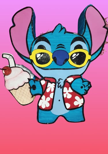 Personaje de caricatura Stitch usando gafas de sol y una camisa hawaiana