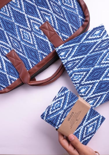 Our handmade journals and messenger bag Azure design