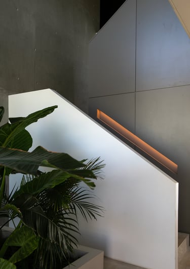 a staircase way with a planter and a planter