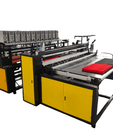 Ultrasonic slitting and cutting machine with yellow panels, conveyor belt, and control units, processing red and black towels