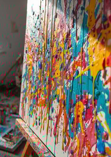 a splatter painting in studio with vibrant colors