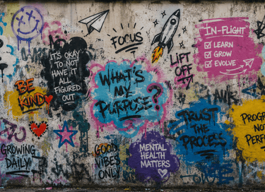 graffiti filled wall with identity related words and images