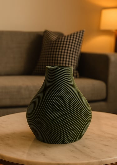 Moderne Vase mit Spiralrillen auf einem Marmortisch in einem gemütlichen Wohnzimmer