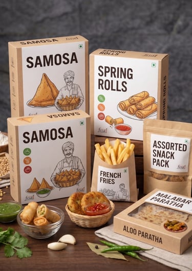 Frozen snacks packaging for samosas, spring rolls, French fries, and Malabar paratha on a wooden table.