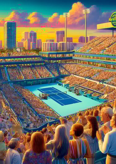 Diverse crowd enjoying a tennis match at Miami Open 2025, Hard Rock Stadium.