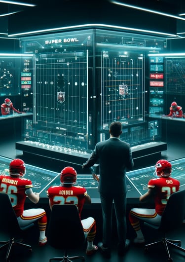 Chiefs strategize in futuristic setup for Super Bowl 2025.