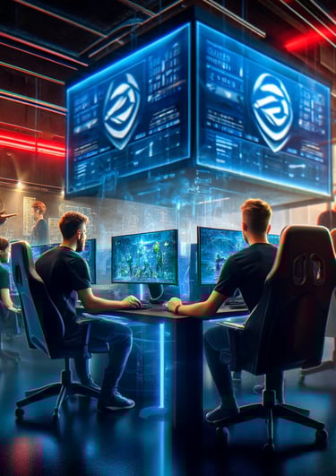 Esports team practicing in a modern gaming studio, focused on their screens and discussing strategy