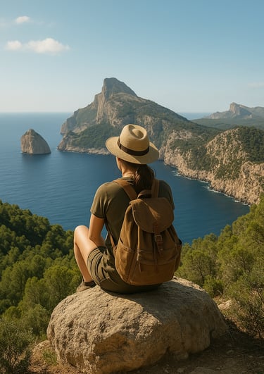 a man sitting on a rock with a backpack on top of it