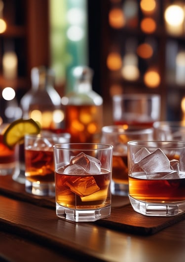 A selection of various alcoholic beverages arranged on a wooden table.