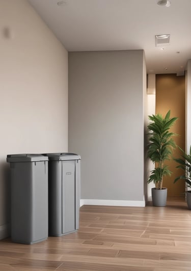 A well-dressed janitor in a suit and bowtie, elegantly managing waste in a pristine apartment building environment.