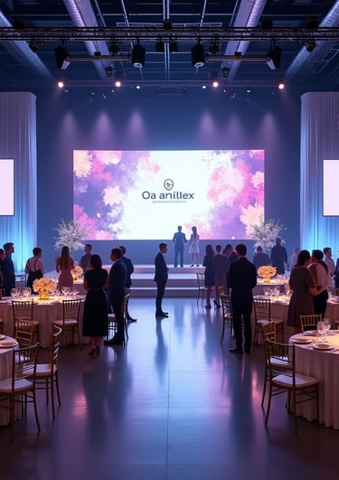 Luxury corporate event setup in Miami featuring branded LED stage, elegant tables with gold Chiavari chairs, minimalist flora