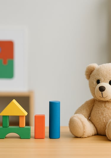 a teddy bear sitting on a table with blocks and toys