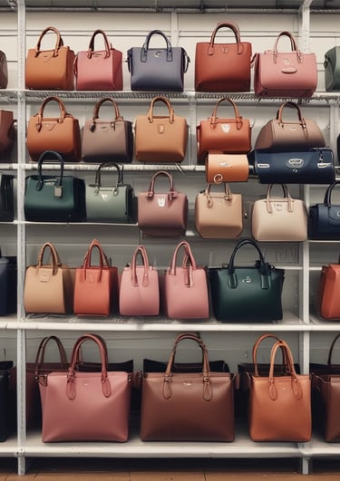 A large assortment of designer handbags displayed closely together. The collection includes various styles, colors, and brands, each featuring distinct textures and patterns. Some bags have visible brand logos and metal hardware accents.