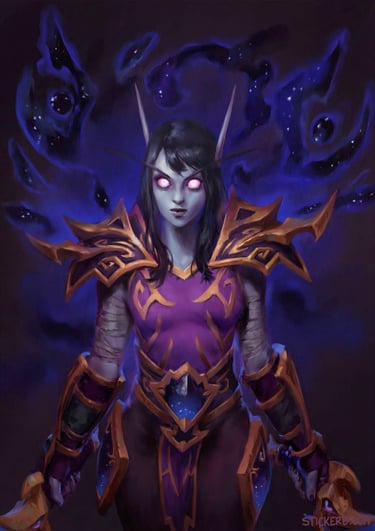 Illustration by Stickerb of a Void Elf from the game World of Warcraft.