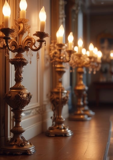An elegant room featuring vintage furniture with ornate gold detailing, sheer white curtains draping from large windows, and a dark polished floor. A plush white settee and a similarly styled high-backed chair create a refined and luxurious ambiance. A small side table and a decorative console table complete the setting, adorned with delicate decor pieces.